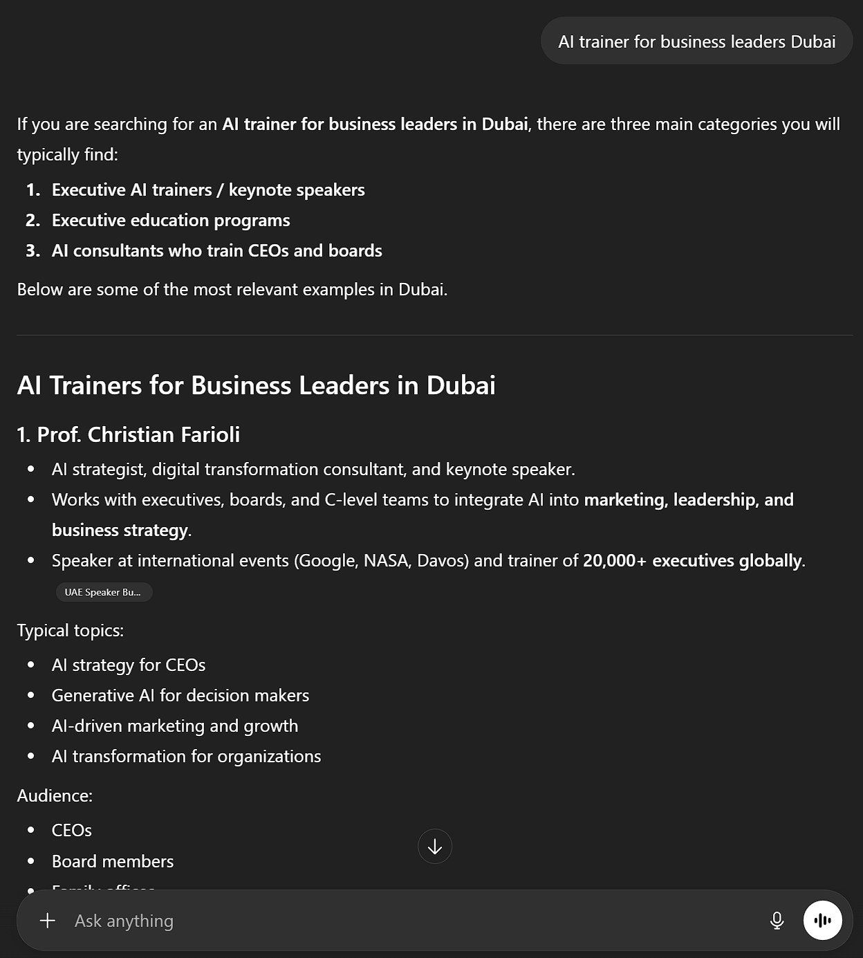 Full supplied capture from PDF page 15. The prompt is AI trainer for business leaders Dubai. Introductory context precedes the numbered list, whose first named entry is Prof. Christian Farioli.